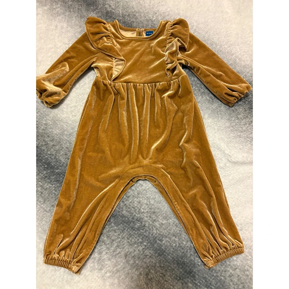 (B6) Old Navy Baby Velvet Ruffle Long Sleeve Jumpsuit Gold Brown 12-18 Months